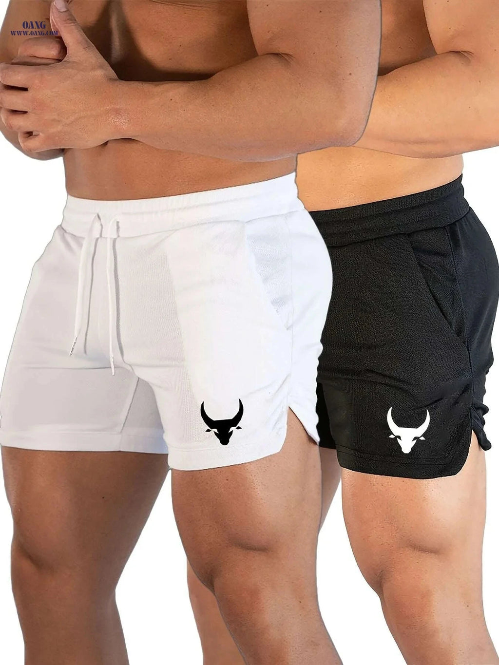 Men's Athletic Shorts - Stretchy Polyester with Calf Head Print   OAXG White And Black / US XS