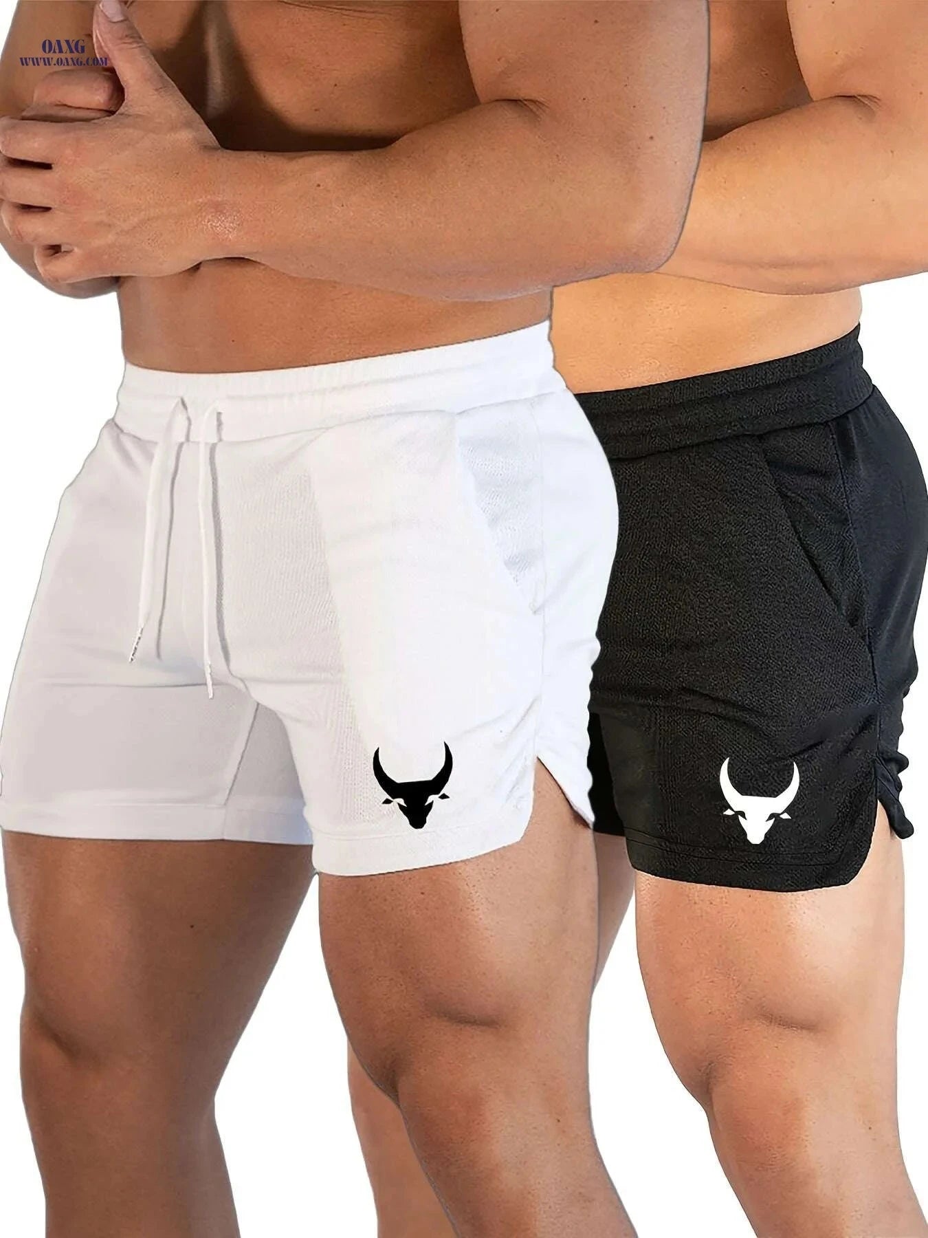 Men's Athletic Shorts - Stretchy Polyester with Calf Head Print   OAXG White And Black / US XS