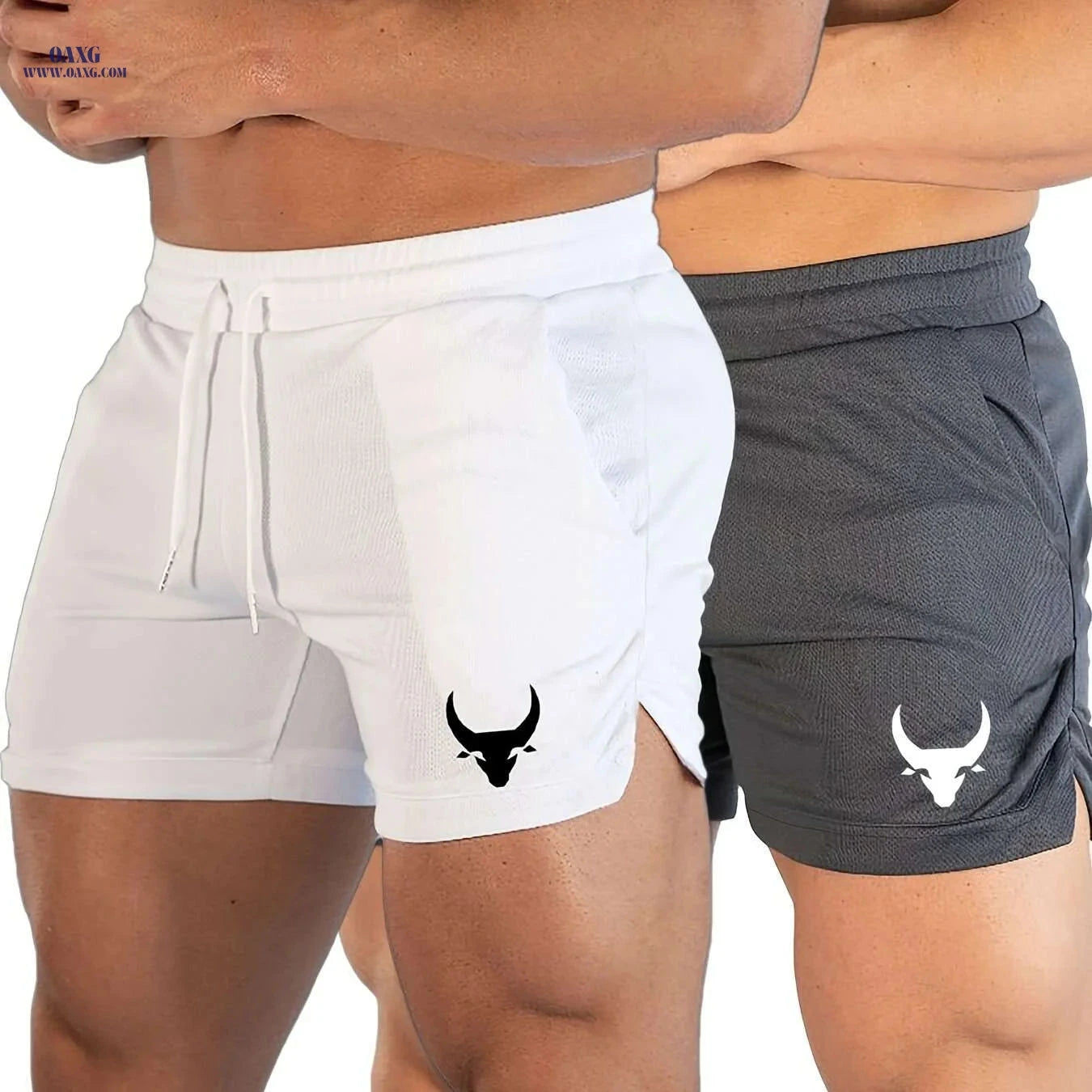 Men's Athletic Shorts - Stretchy Polyester with Calf Head Print   OAXG White And Black / US XS