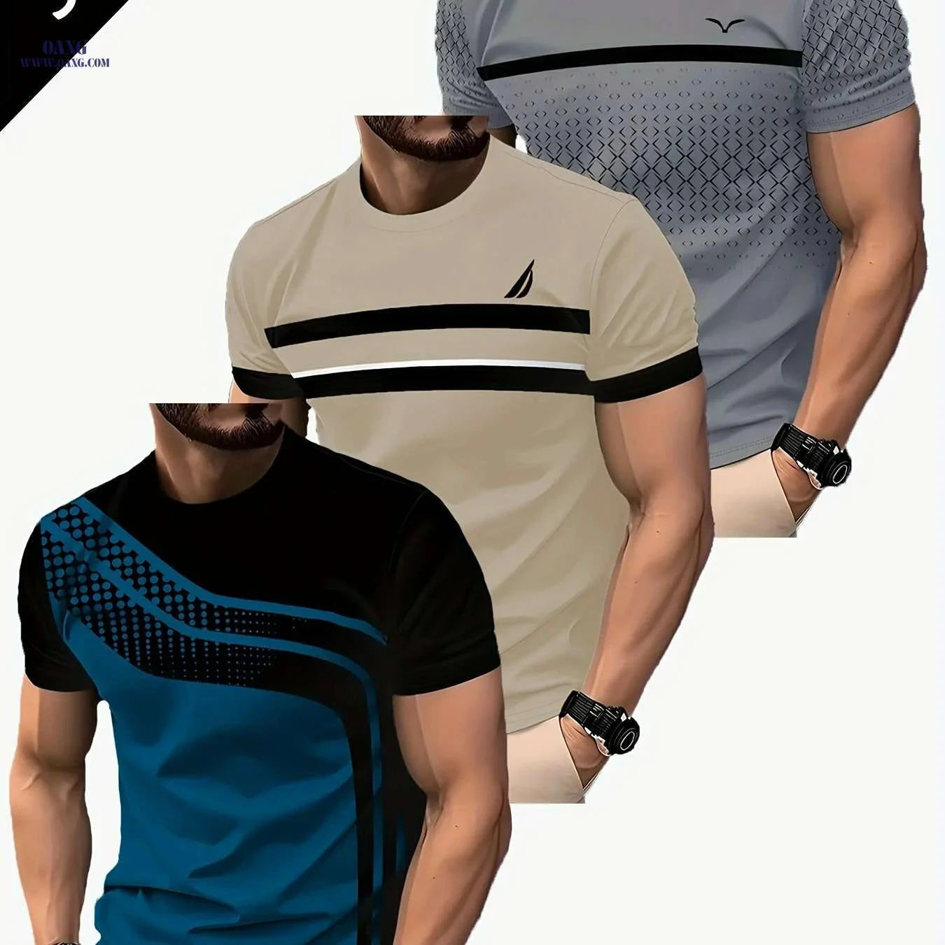Men's Athletic T-Shirts - Breathable Quick-Dry Gym Tops, Striped Print   OAXG 
