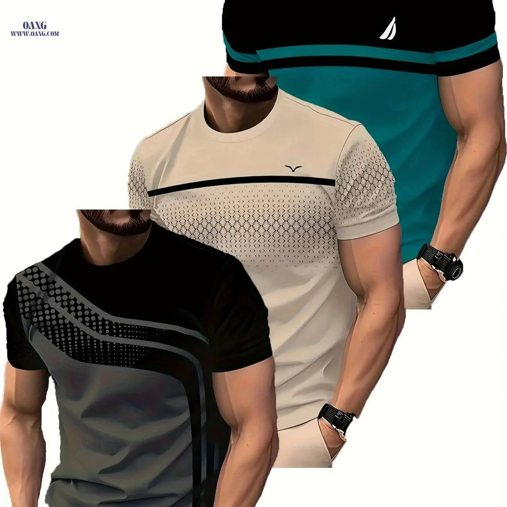 Men's Athletic T-Shirts - Breathable Quick-Dry Gym Tops, Striped Print   OAXG Mixed Pack-3PC / S