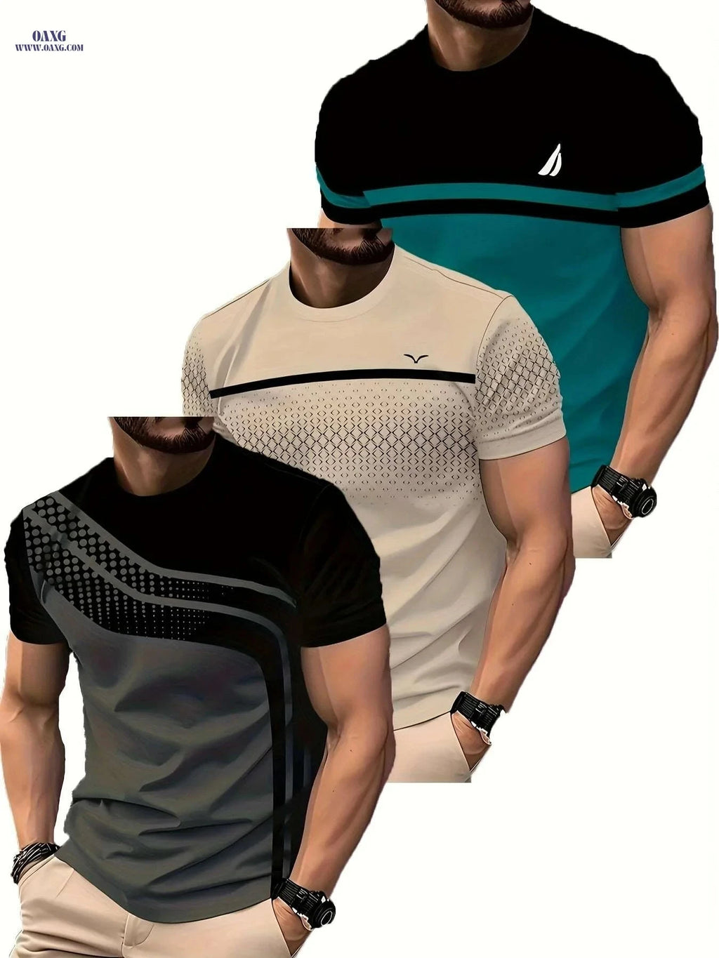 Men's Athletic T-Shirts - Breathable Quick-Dry Gym Tops, Striped Print   OAXG Mixed Pack-3PC / S