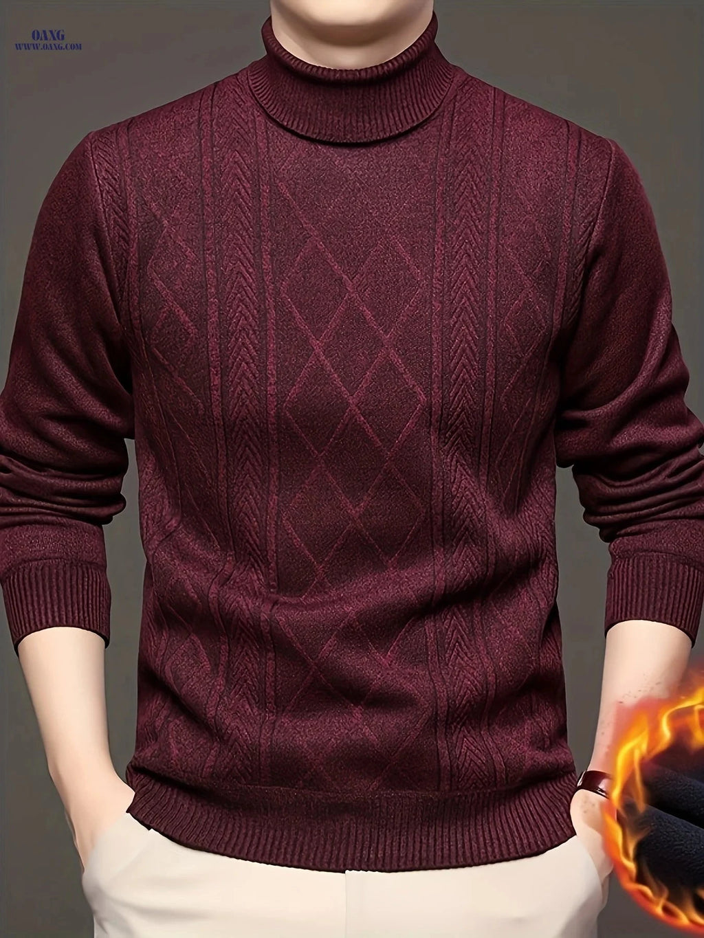 Men's Autumn Turtleneck Pullover Sweater - Jacquard Knit Casual Style   OAXG 