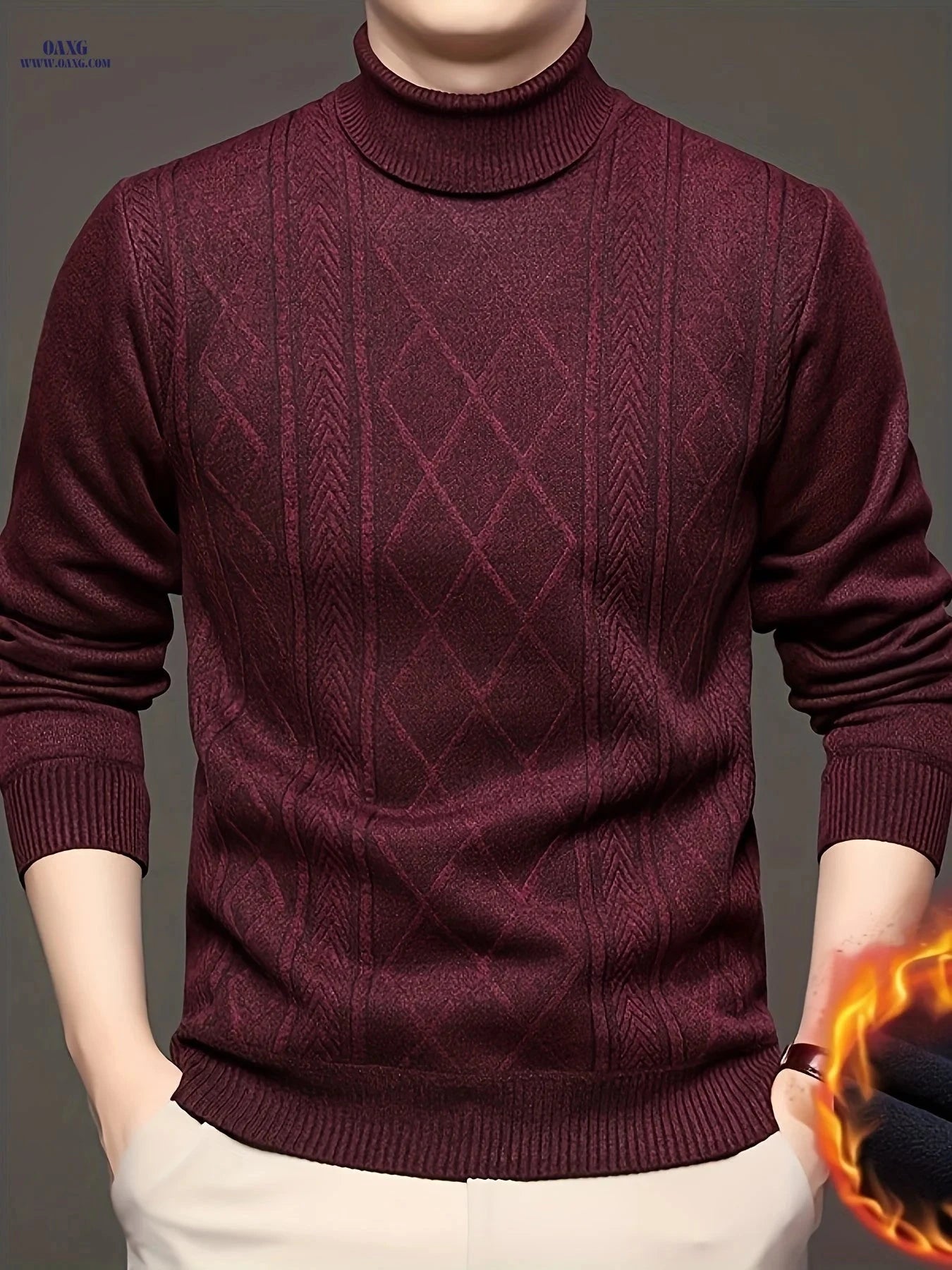 Men's Autumn Turtleneck Pullover Sweater - Jacquard Knit Casual Style   OAXG 