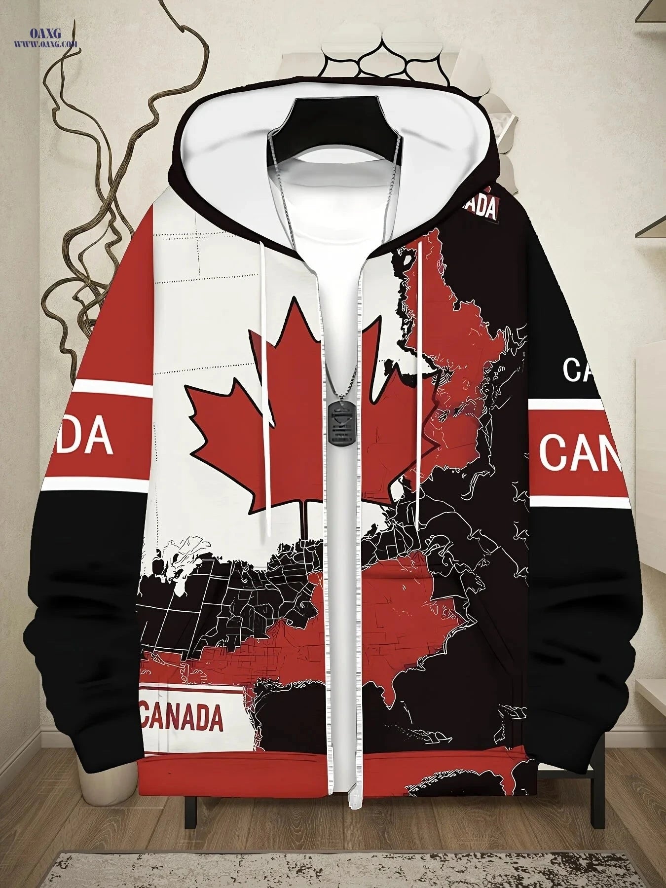 Men's Autumn Winter Hoodie Jacket - Stylish Zipper & Maple Leaf Print   OAXG 【Multicolor】 / FR M