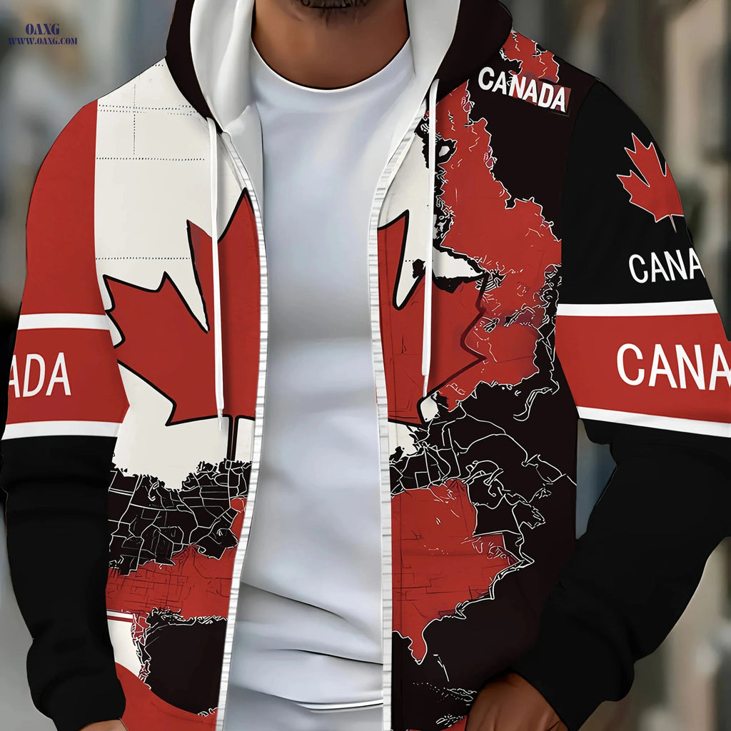 Men's Autumn Winter Hoodie Jacket - Stylish Zipper & Maple Leaf Print   OAXG 【Multicolor】 / FR M