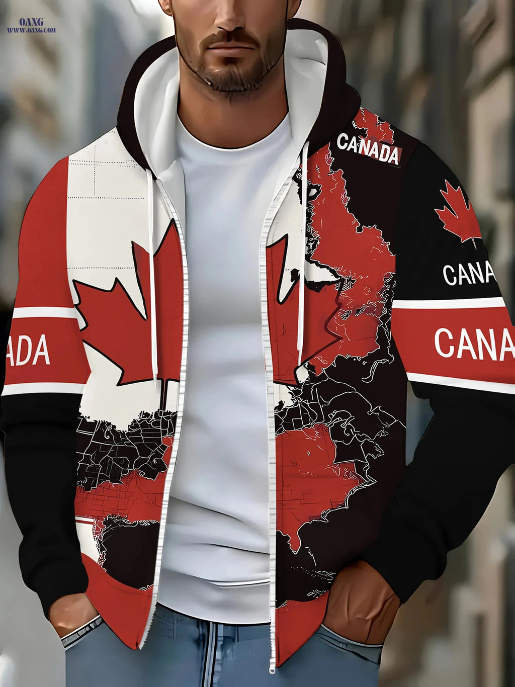 Men's Autumn Winter Hoodie Jacket - Stylish Zipper & Maple Leaf Print   OAXG 【Multicolor】 / FR M