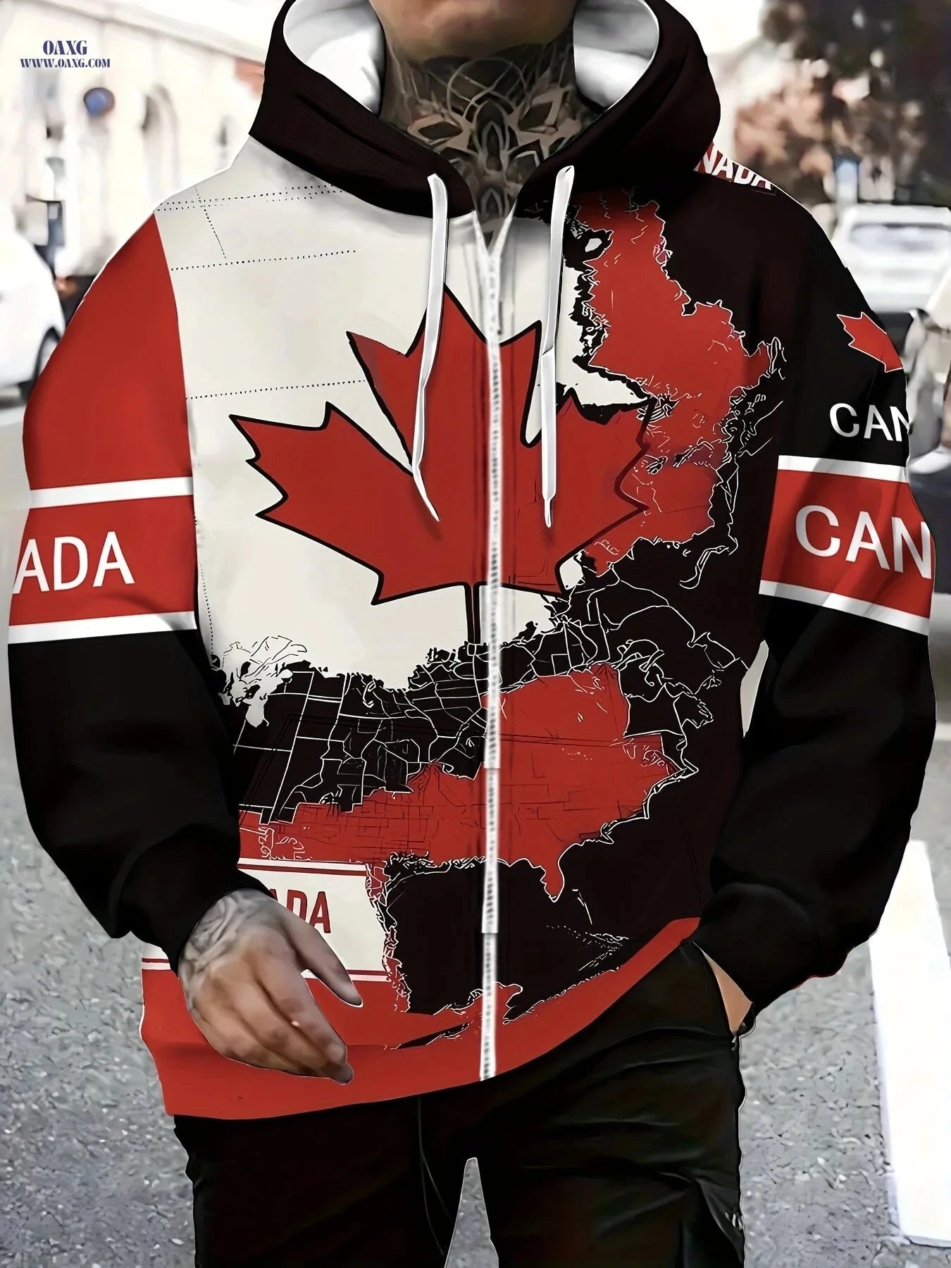 Men's Autumn Winter Hoodie Jacket - Stylish Zipper & Maple Leaf Print   OAXG 