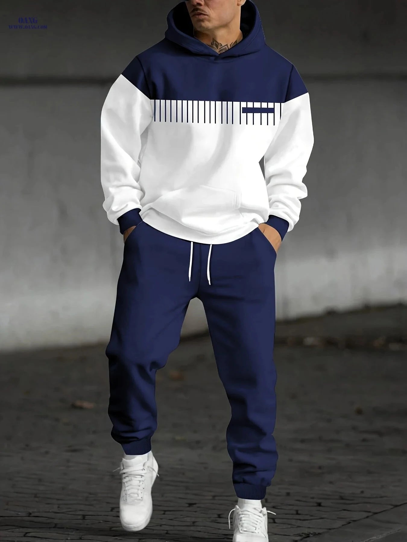 Men's Autumn Winter Striped Hoodie and Sweatpants Set - Casual Style   OAXG Royal Blue / FR S