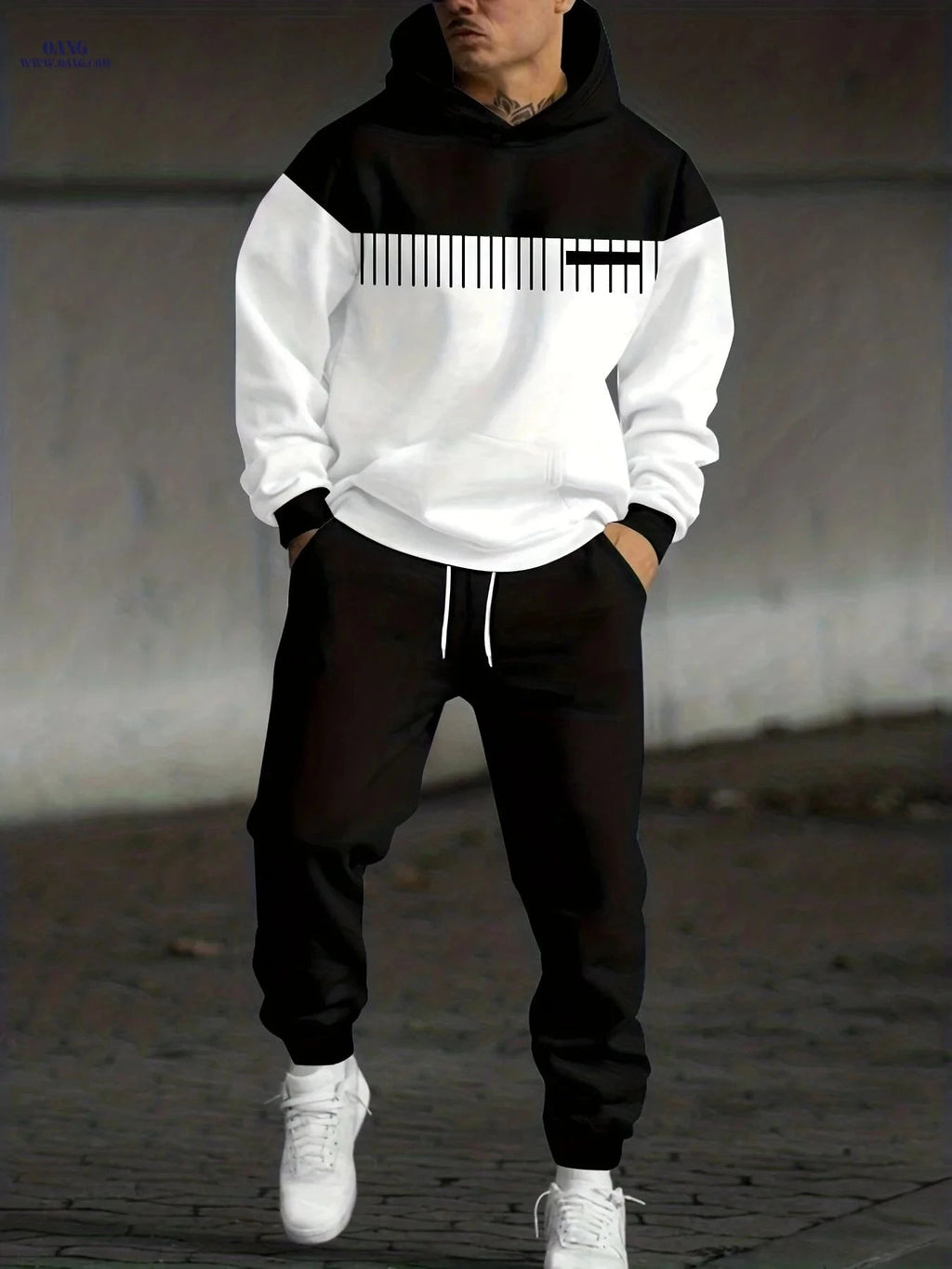 Men's Autumn Winter Striped Hoodie and Sweatpants Set - Casual Style   OAXG 