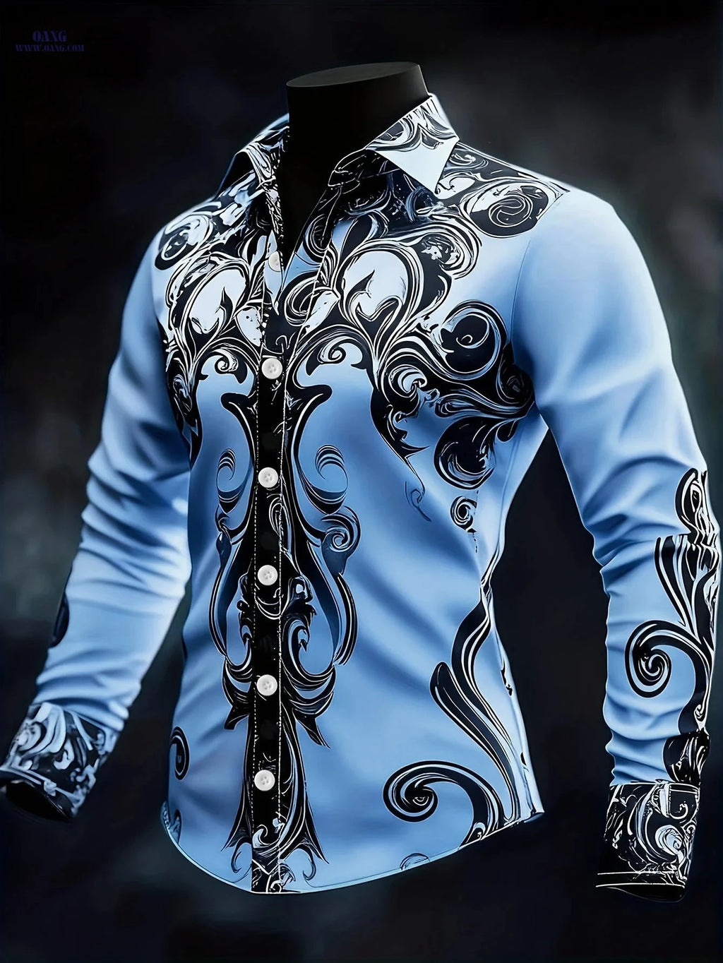 Men's Baroque Long-Sleeved Shirt - Intricate Black & White Patterns   OAXG 