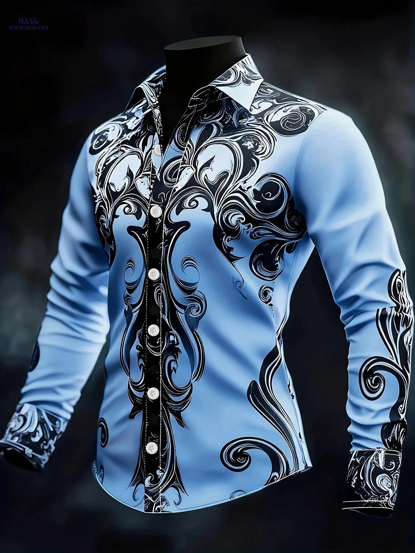 Men's Baroque Long-Sleeved Shirt - Intricate Black & White Patterns   OAXG 