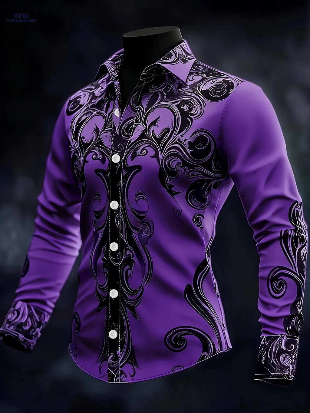 Men's Baroque Long-Sleeved Shirt - Intricate Black & White Patterns   OAXG 