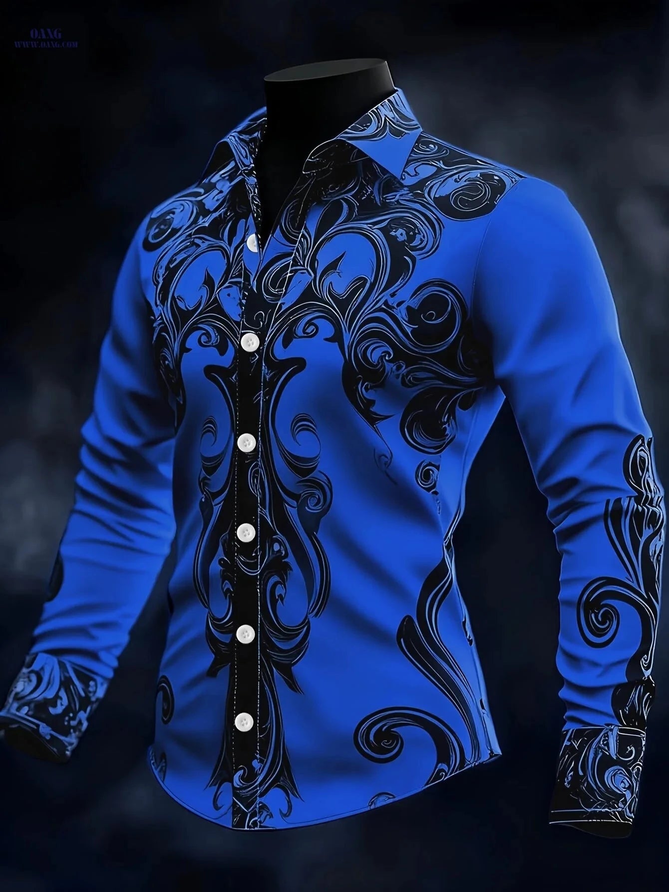 Men's Baroque Long-Sleeved Shirt - Intricate Black & White Patterns   OAXG 