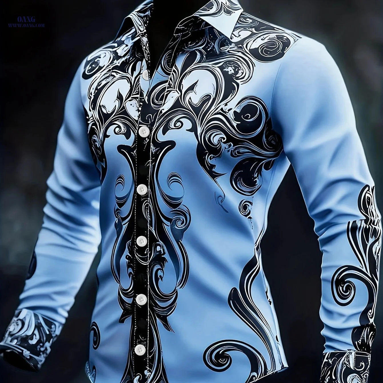 Men's Baroque Long-Sleeved Shirt - Intricate Black & White Patterns   OAXG 