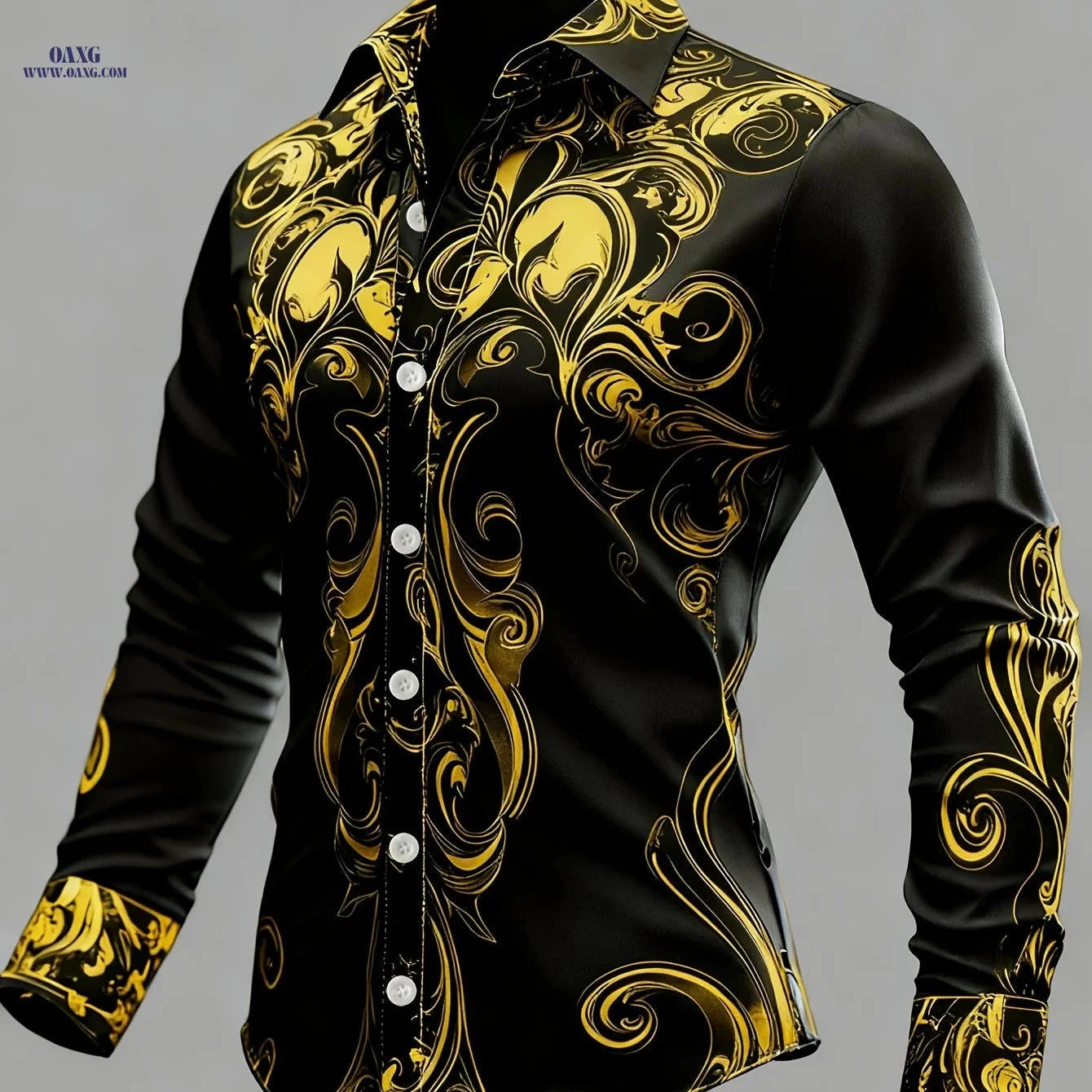 Men's Baroque Long-Sleeved Shirt - Intricate Black & White Patterns   OAXG 