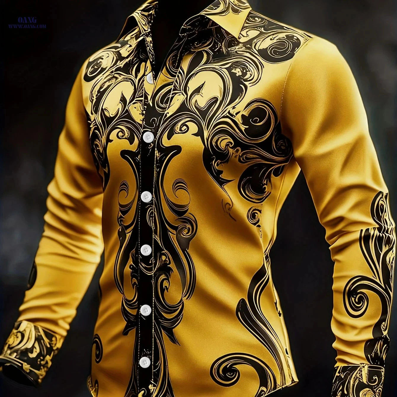 Men's Baroque Long-Sleeved Shirt - Intricate Black & White Patterns   OAXG Lake Blue / FR S