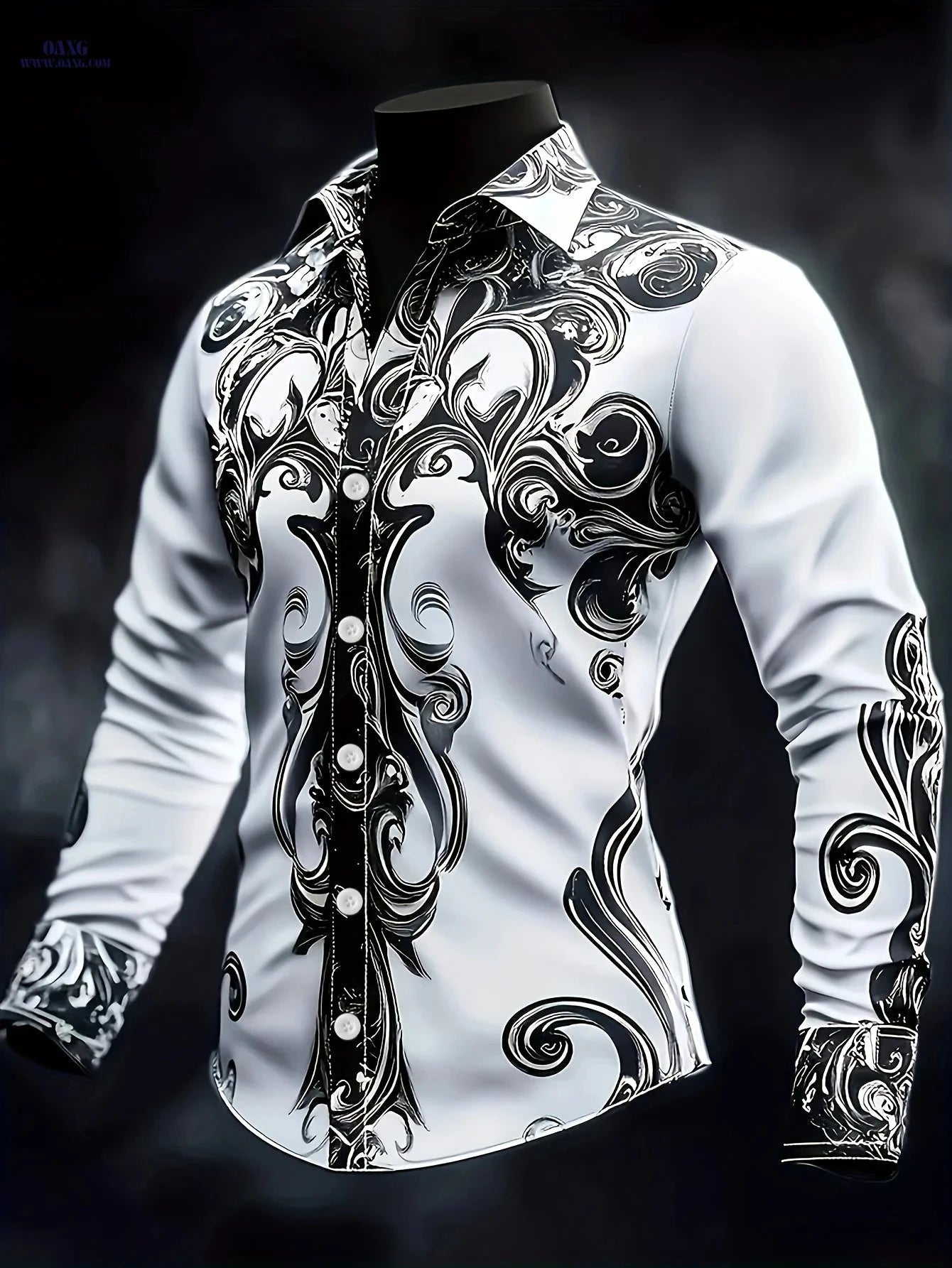 Men's Baroque Long-Sleeved Shirt - Intricate Black & White Patterns   OAXG 
