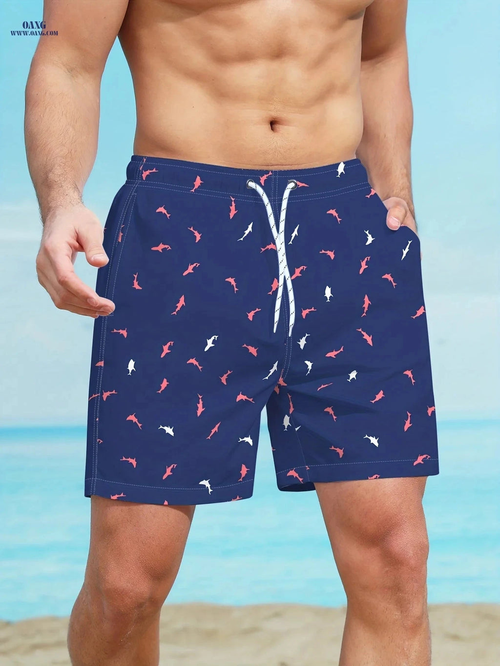 Men's Beach Shorts - Comfortable All Over Print Polyester Design   OAXG Navy Color / FR S