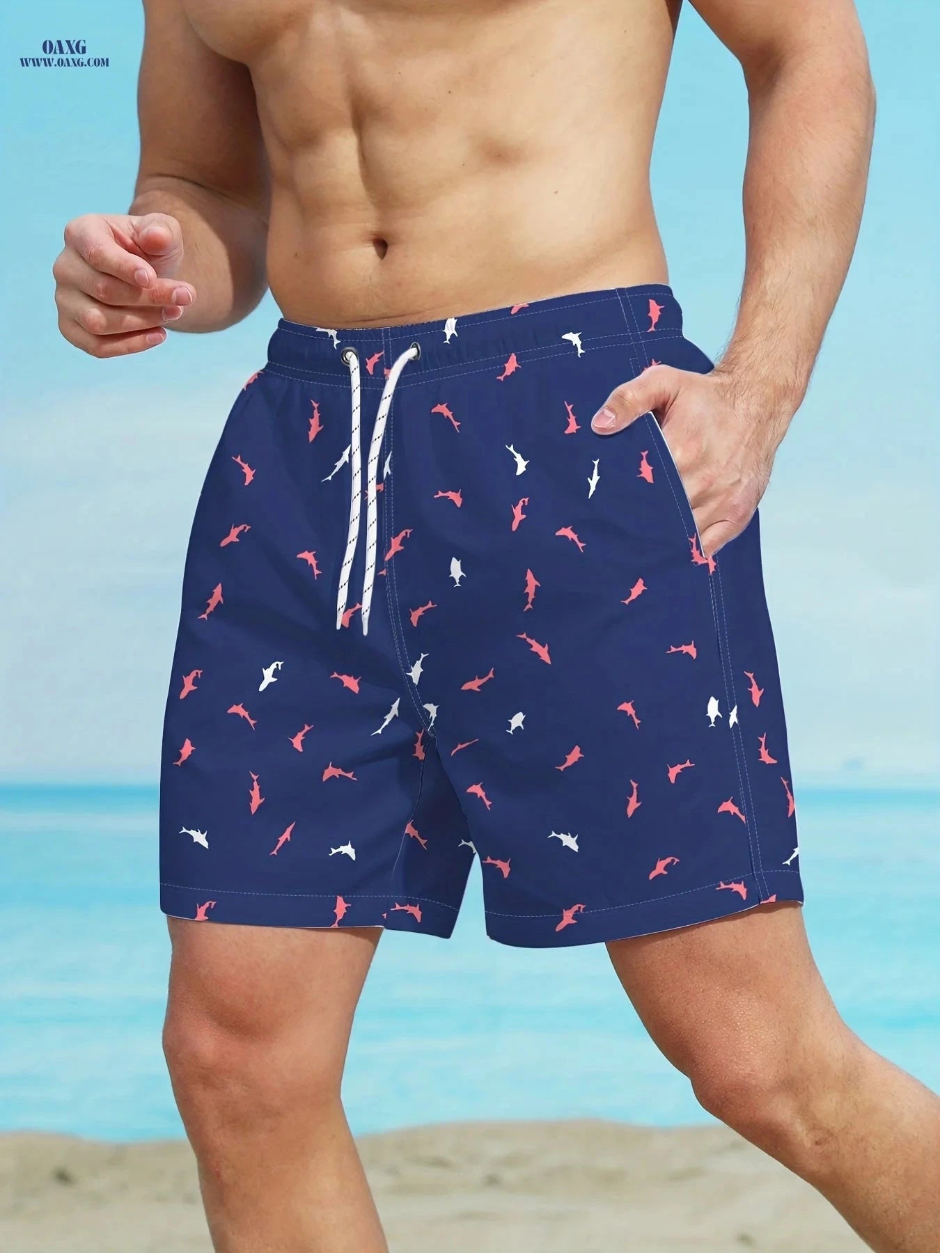 Men's Beach Shorts - Comfortable All Over Print Polyester Design   OAXG Navy Color / FR S