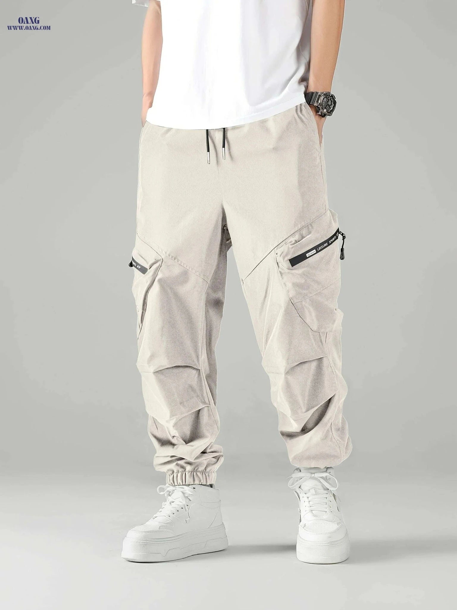Men's Beige Cargo Pants - Elastic Waist, Tapered Ankle, Urban Style   OAXG Apricot / S