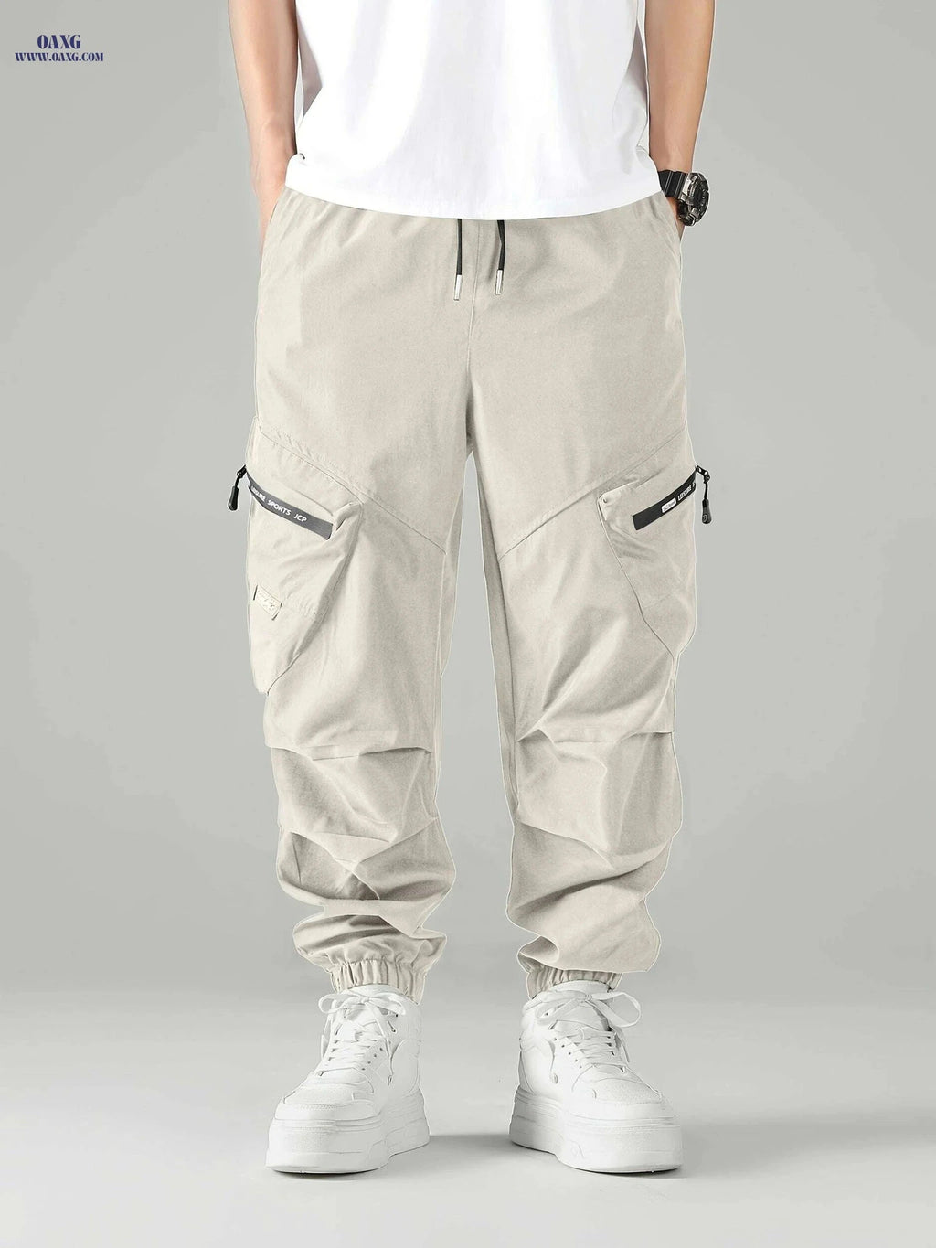 Men's Beige Cargo Pants - Elastic Waist, Tapered Ankle, Urban Style   OAXG Apricot / S