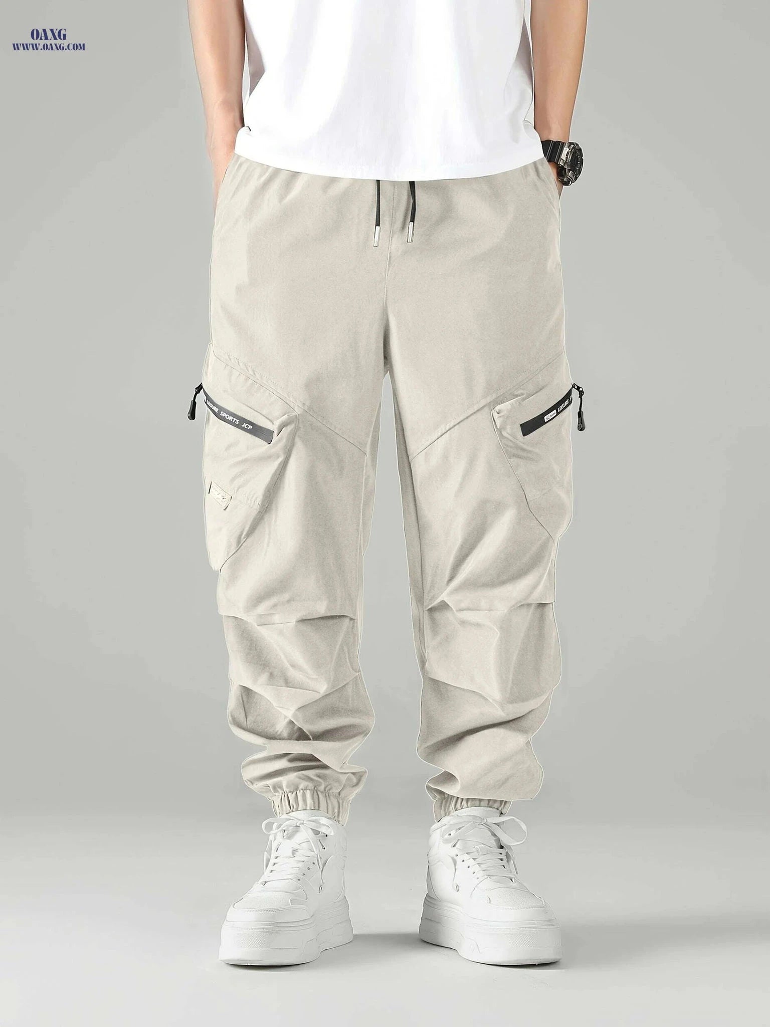Men's Beige Cargo Pants - Elastic Waist, Tapered Ankle, Urban Style   OAXG Apricot / S
