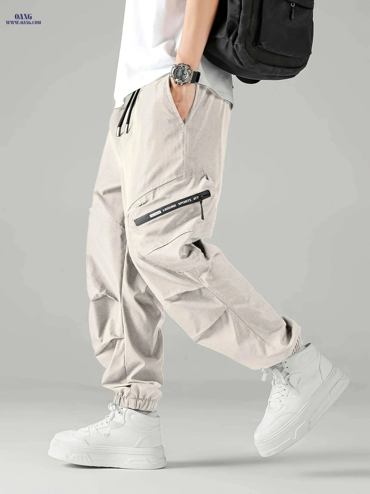 Men's Beige Cargo Pants - Elastic Waist, Tapered Ankle, Urban Style   OAXG Apricot / S