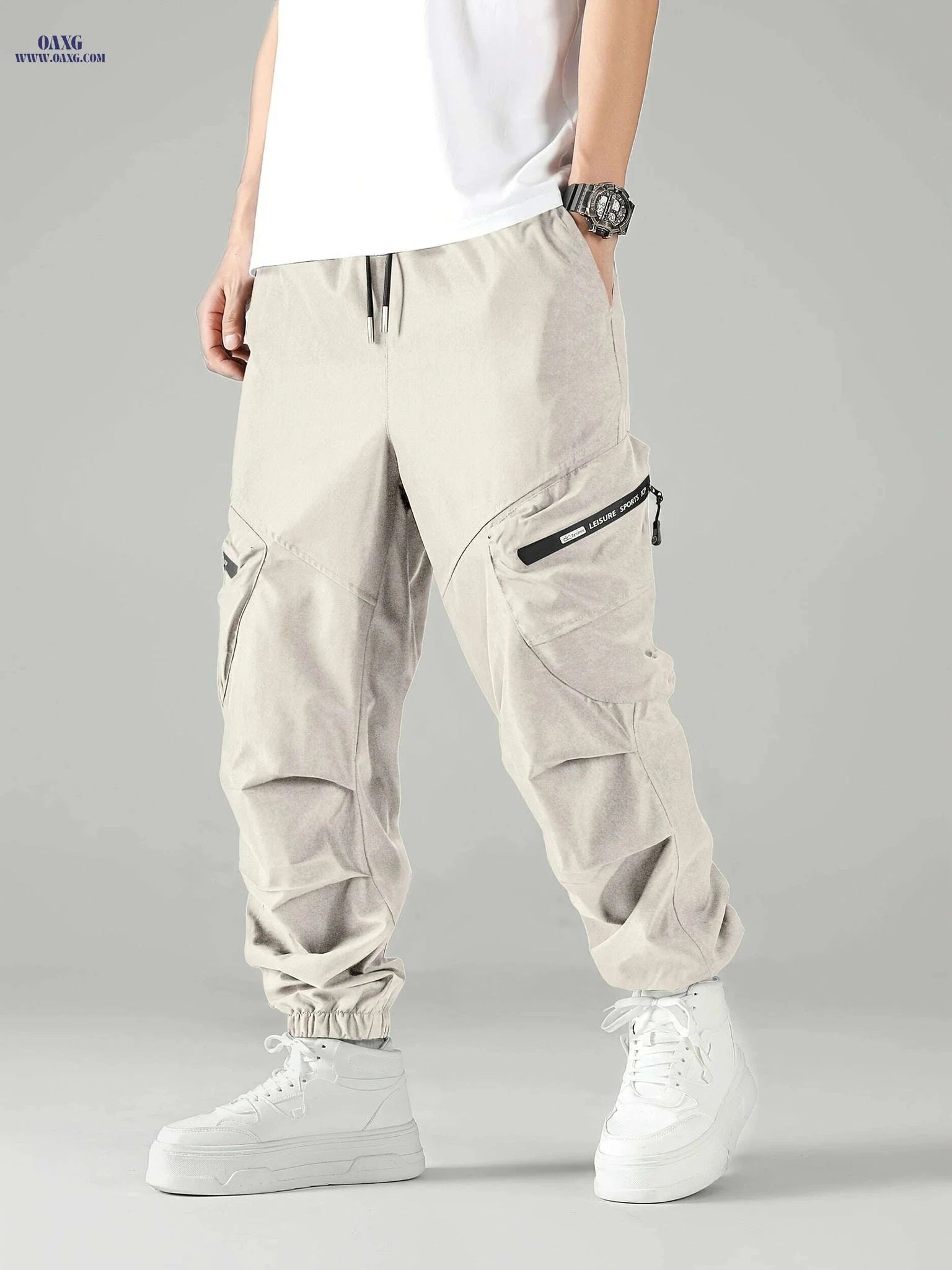 Men's Beige Cargo Pants - Elastic Waist, Tapered Ankle, Urban Style   OAXG Apricot / S