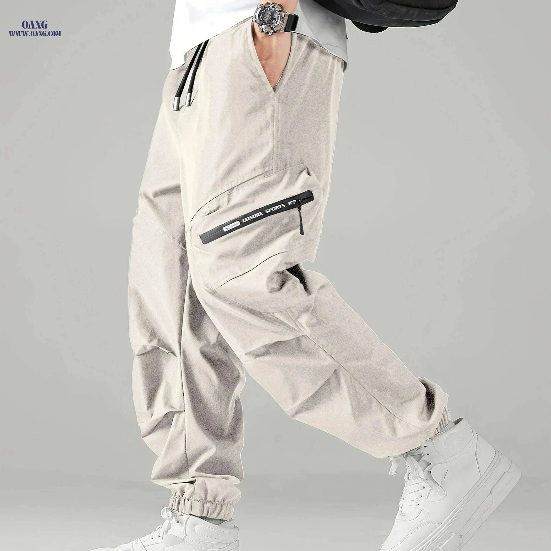 Men's Beige Cargo Pants - Elastic Waist, Tapered Ankle, Urban Style   OAXG Apricot / S