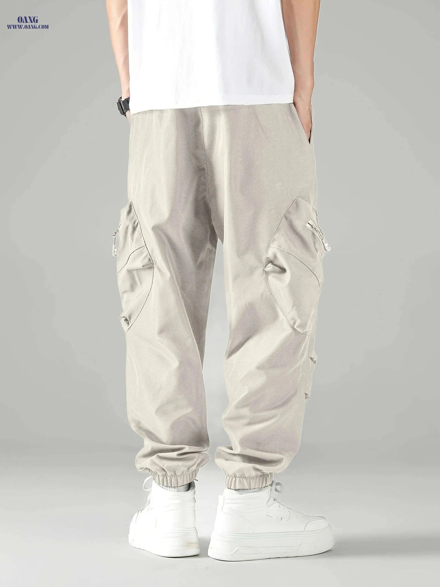 Men's Beige Cargo Pants - Elastic Waist, Tapered Ankle, Urban Style   OAXG 