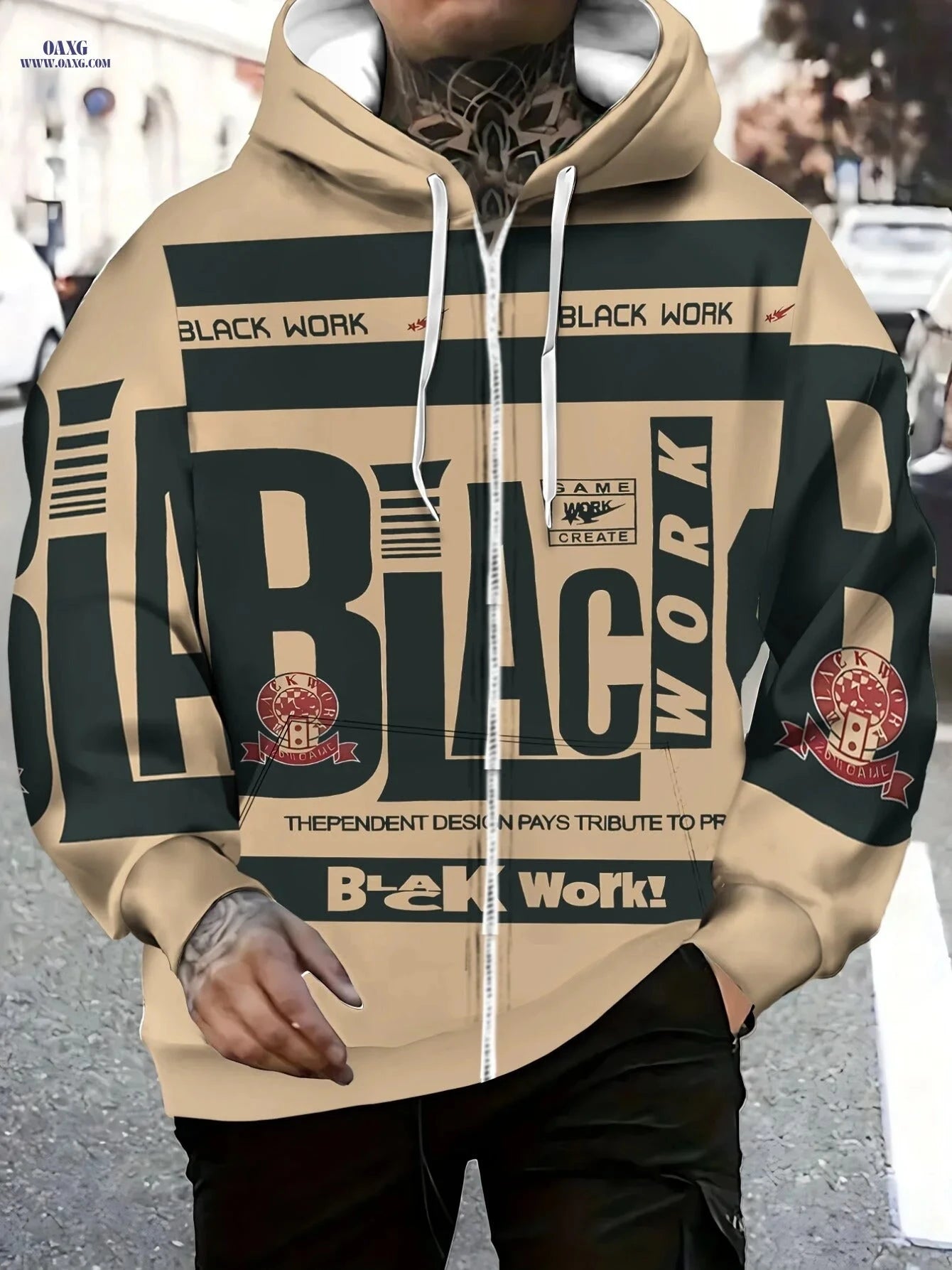 Men's Beige Zipper Hoodie - Soft Fabric, Graphic Design for Casual Wear   OAXG 