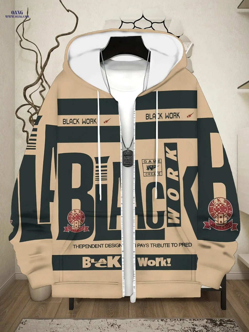 Men's Beige Zipper Hoodie - Soft Fabric, Graphic Design for Casual Wear   OAXG 