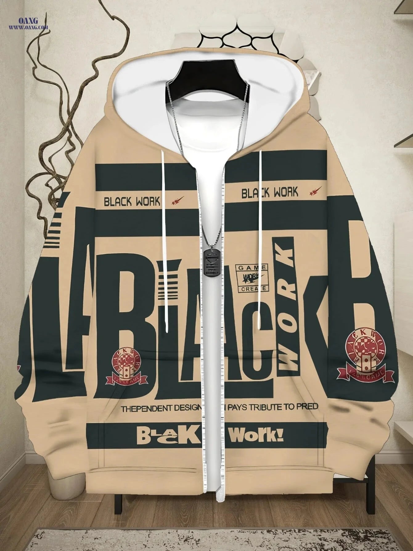 Men's Beige Zipper Hoodie - Soft Fabric, Graphic Design for Casual Wear   OAXG 