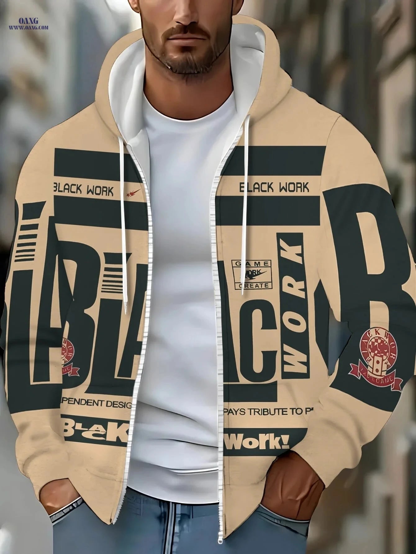 Men's Beige Zipper Hoodie - Soft Fabric, Graphic Design for Casual Wear   OAXG Multicolor / FR M