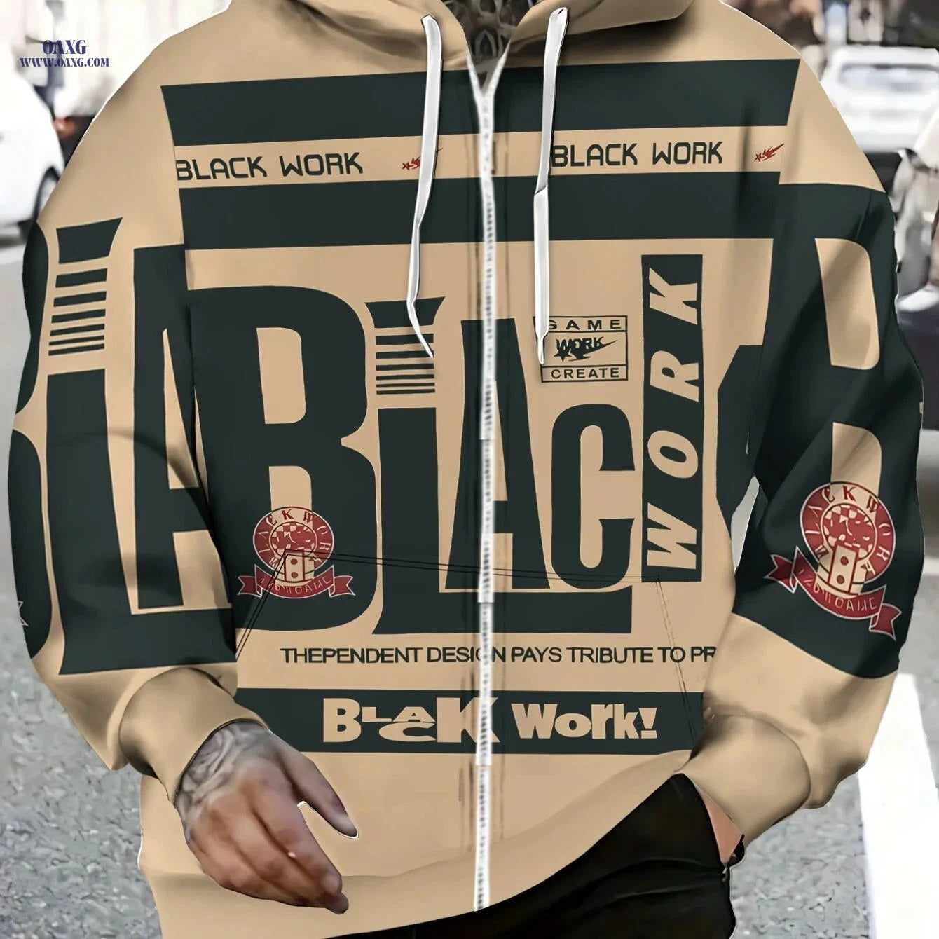 Men's Beige Zipper Hoodie - Soft Fabric, Graphic Design for Casual Wear   OAXG Multicolor / FR M