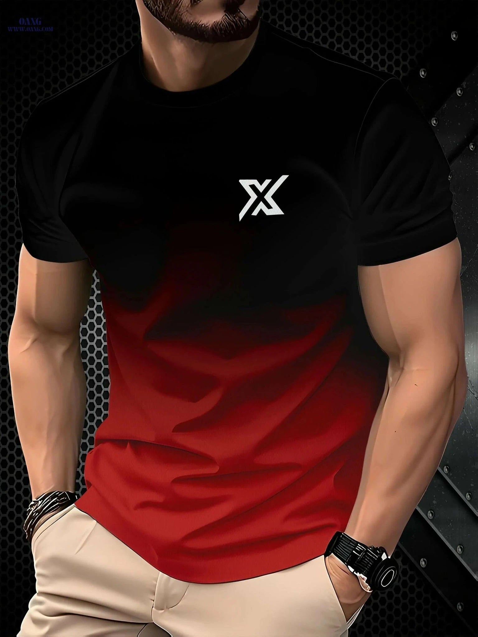 Men's Black and Red Gradient 3D Print T-Shirt - Casual Summer Wear   OAXG Mixed Color / S