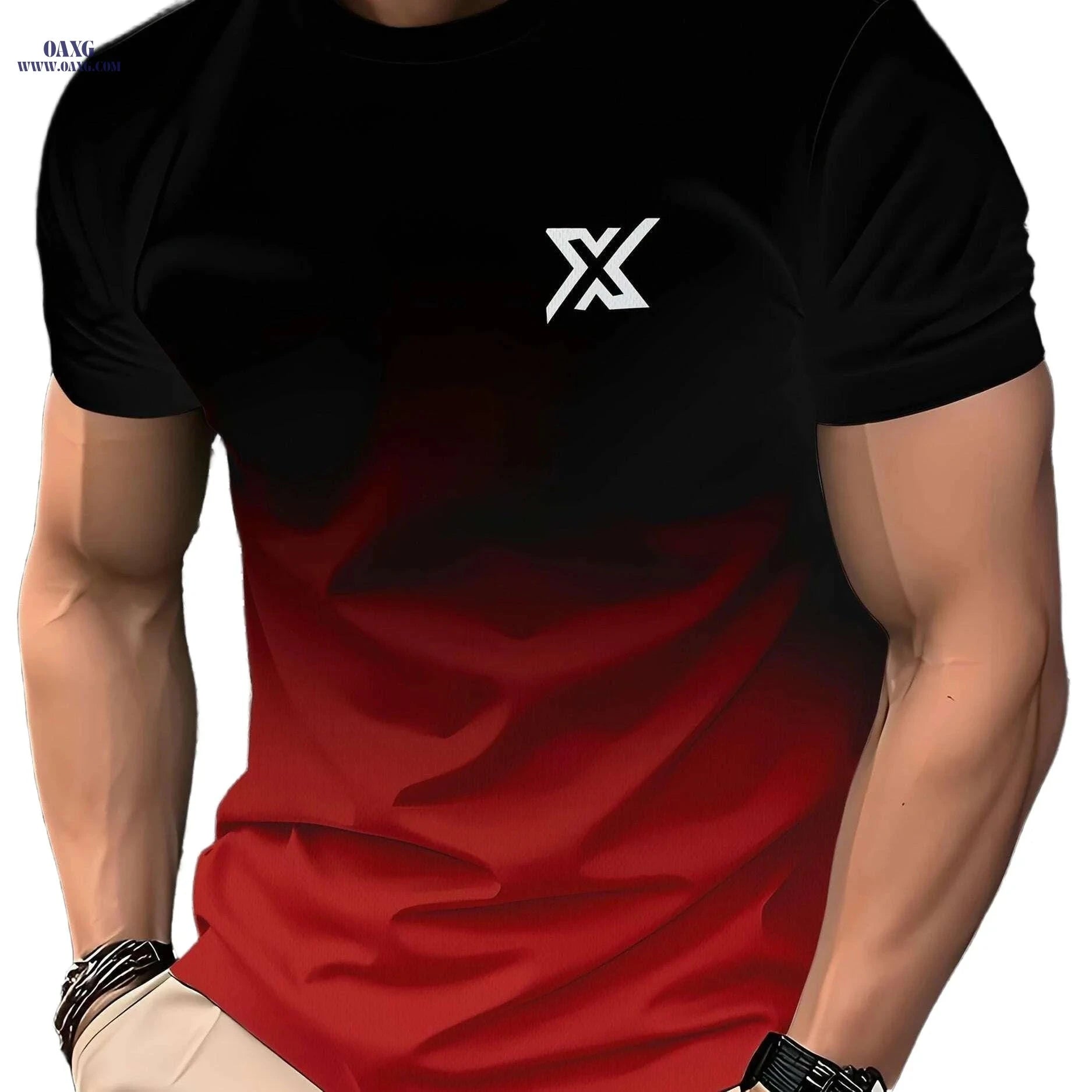 Men's Black and Red Gradient T-Shirt - Casual Short Sleeve Summer Wear   OAXG Mixed Color / S