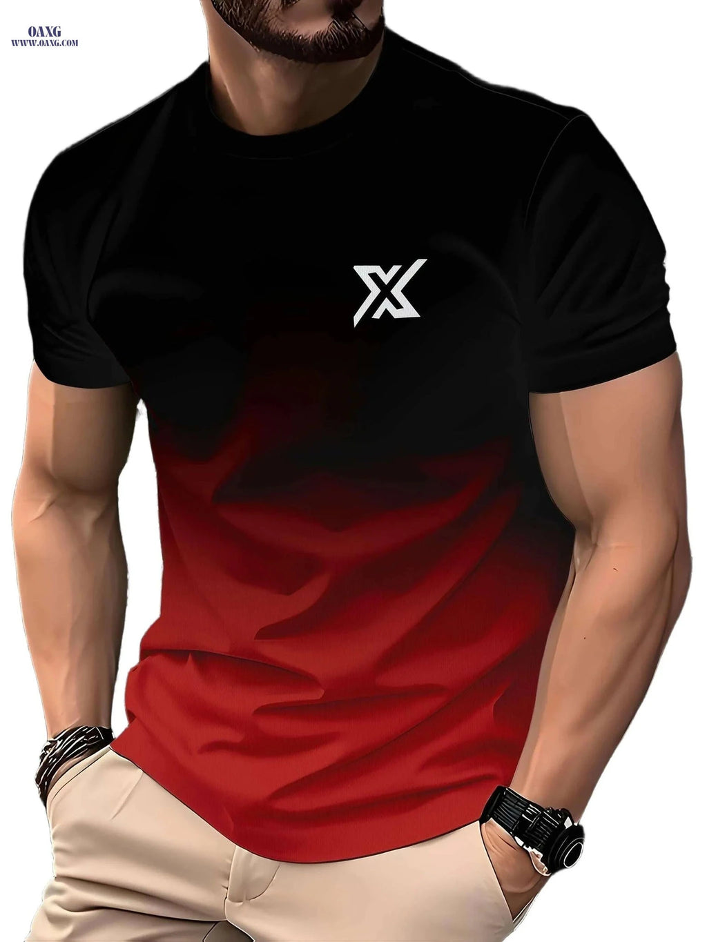 Men's Black and Red Gradient T-Shirt - Casual Short Sleeve Summer Wear   OAXG Mixed Color / S