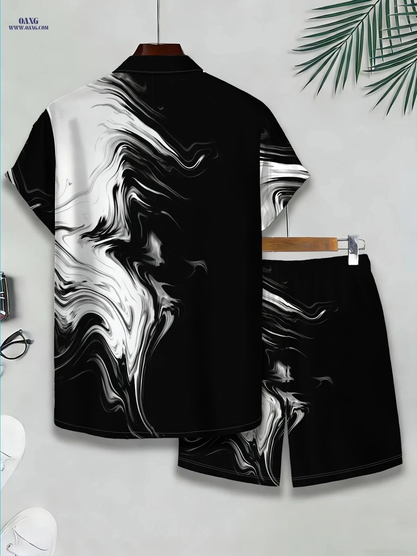 Men's Black and White Abstract Print Shirt Pants Set - Lightweight Summer   OAXG 