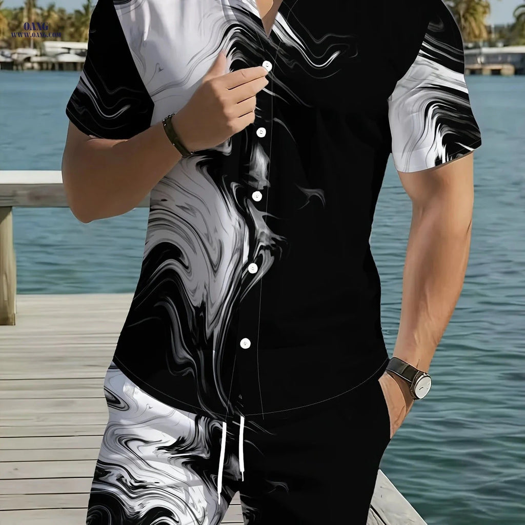 Men's Black and White Abstract Print Shirt Pants Set - Lightweight Summer   OAXG 