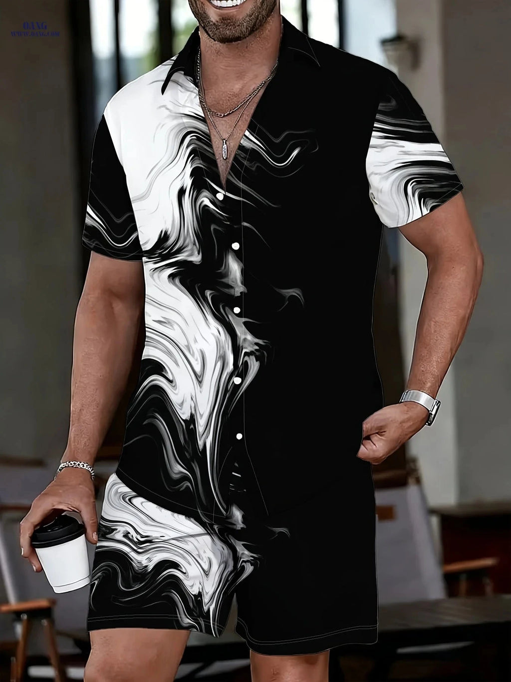 Men's Black and White Abstract Print Shirt Pants Set - Lightweight Summer   OAXG Mixed Color / FR S