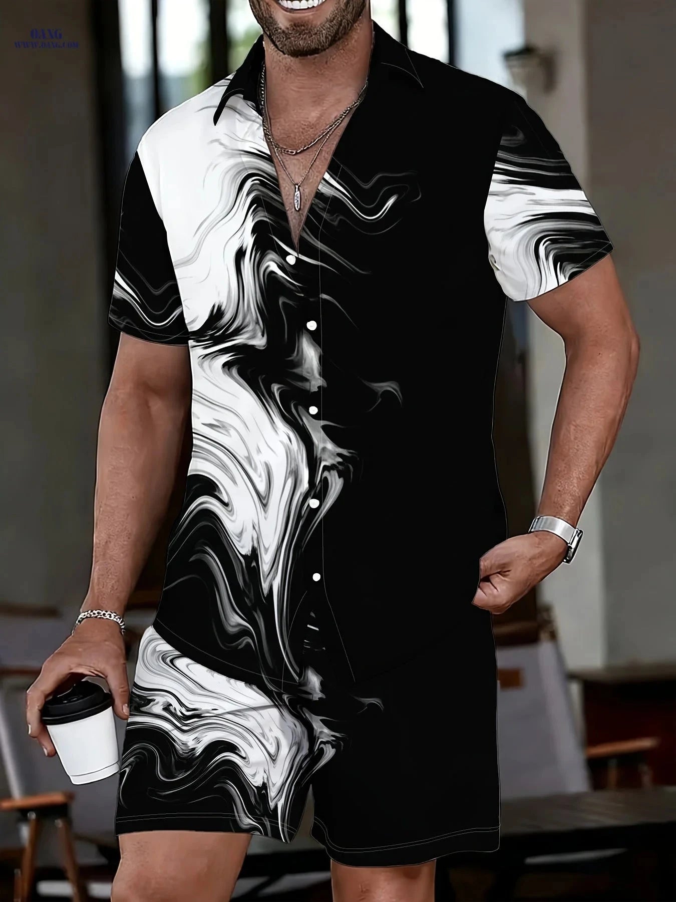 Men's Black and White Abstract Print Shirt Pants Set - Lightweight Summer   OAXG Mixed Color / FR S
