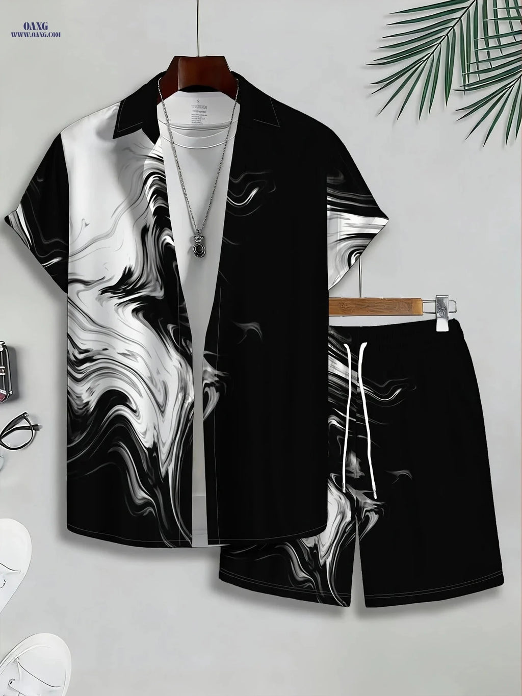 Men's Black and White Abstract Print Shirt Pants Set - Lightweight Summer   OAXG Mixed Color / FR S