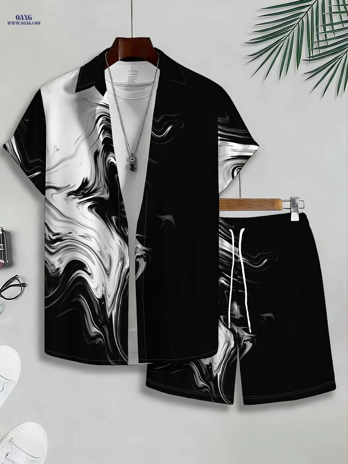 Men's Black and White Abstract Print Shirt Pants Set - Lightweight Summer   OAXG Mixed Color / FR S