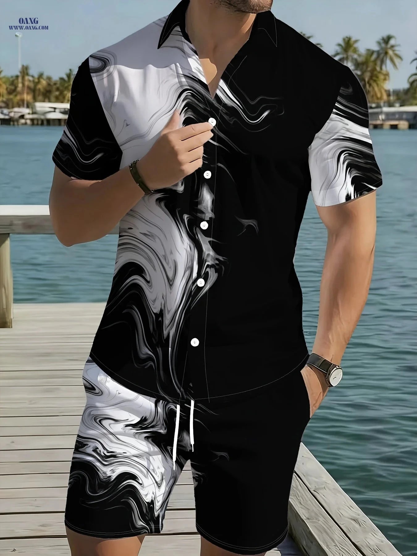 Men's Black and White Abstract Print Shirt Pants Set - Lightweight Summer   OAXG 