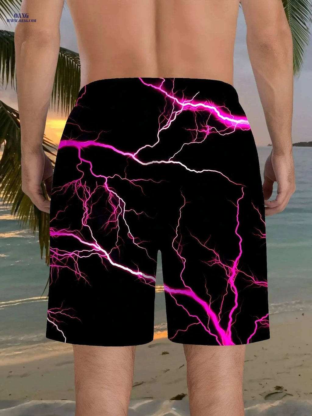 Men's Black Beach Shorts - Vibrant Pink Lightning Bolt Print   OAXG 