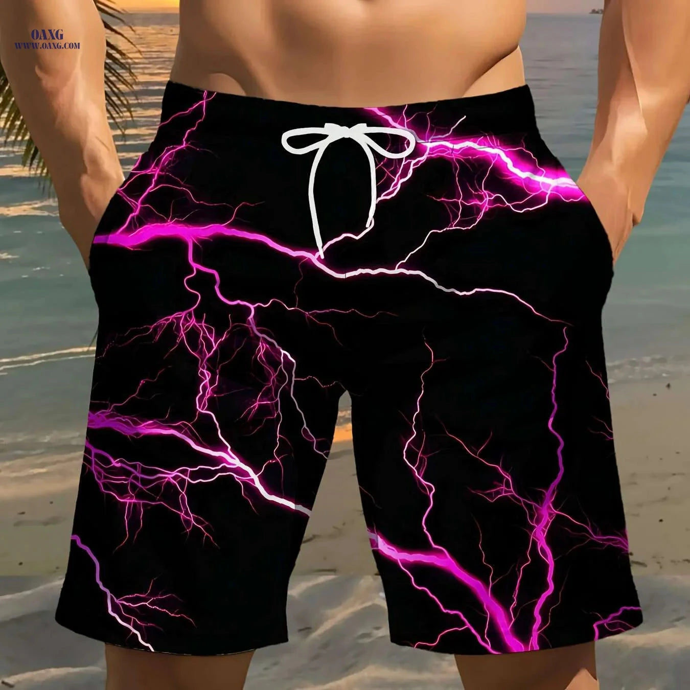 Men's Black Beach Shorts - Vibrant Pink Lightning Bolt Print   OAXG Black / S