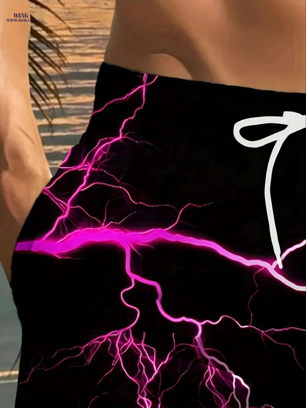 Men's Black Beach Shorts - Vibrant Pink Lightning Bolt Print   OAXG Black / S