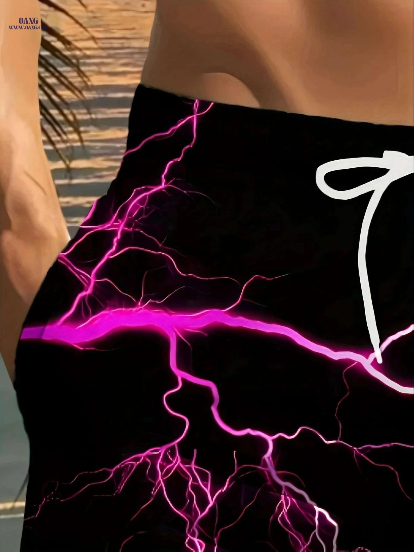 Men's Black Beach Shorts - Vibrant Pink Lightning Bolt Print   OAXG Black / S